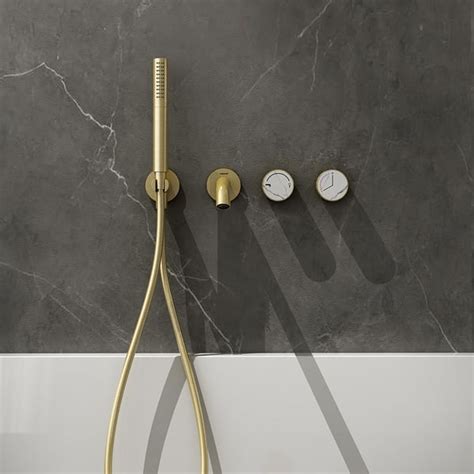 Modern Wall Mount Tub Filler Faucet Triple Knobs And Handshower In White And Gold Homary