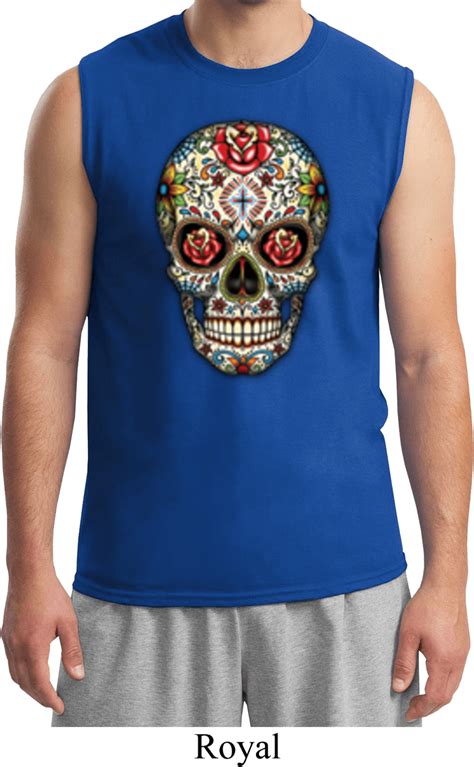 Mens Skull Shirt Sugar Skull With Roses Muscle Tee T Shirt Sugar