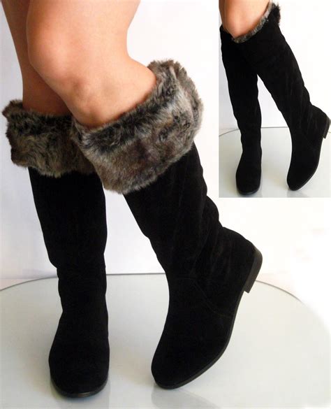 New Fur Cuff Round Toe Knee High Low Flat Heel Boot Pleasant 14 Black Suede 6 10 Ebay