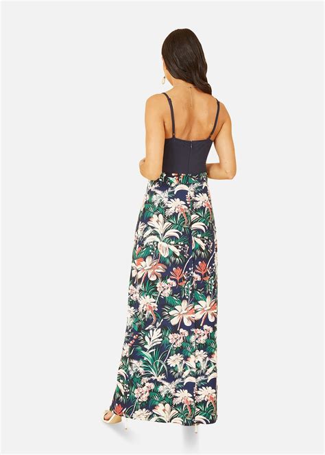 Mela Navy Leaf Print Jersey Maxi Dress With Split Hem Matalan