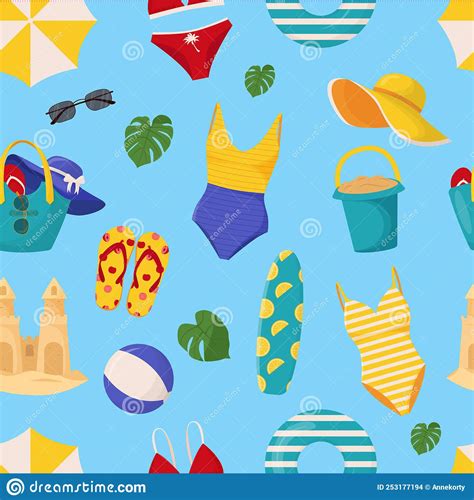 Set Of Cute Summer Elements Surfboard Cocktail Bag Hat Palm Tree Bikini Flip Flops Beach