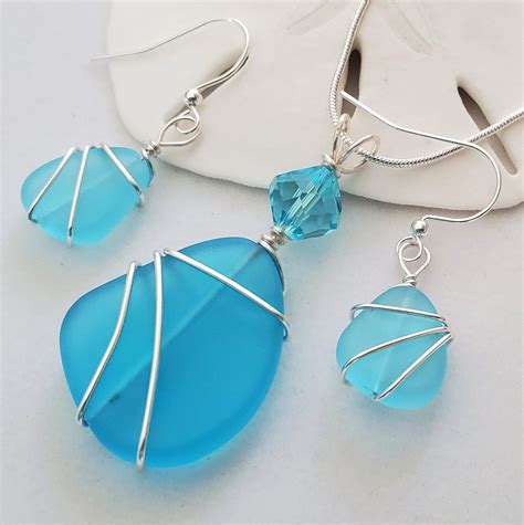 Turquoise Sea Glass Jewelry Set Blue Sea Glass Necklace Pendant Earrings Beach Glass Swarovski