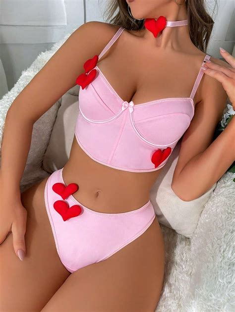 Heart Patched Underwire Lingerie Set With Choker SHEIN USA