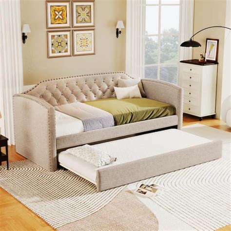 Harper And Bright Designs Beige Twin Size Linen Upholstered Daybed With