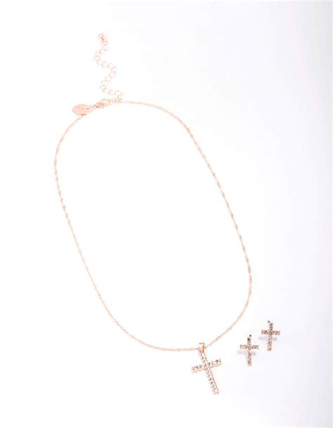 Rose Gold Diamante Cross Jewellery Set Lovisa