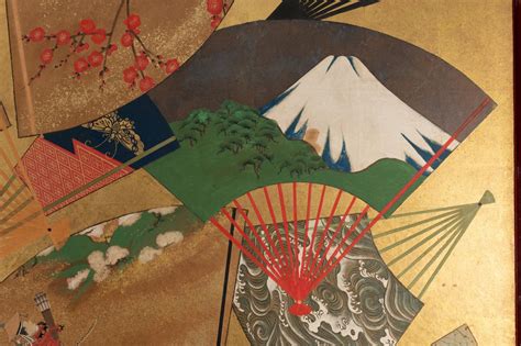Japanese Two Panel Screen: Rimpa Painting of Fans on Gold Leaf
