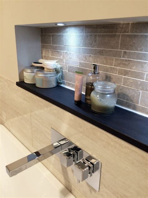 Bathroom Recessed Shelf With Lighting And Dark Wood Waterfall Bath Tap Recessed Shelves