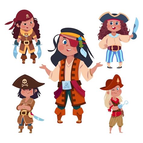 Conjunto De Dibujos Animados Personaje Chica Piratas Aislado Vector