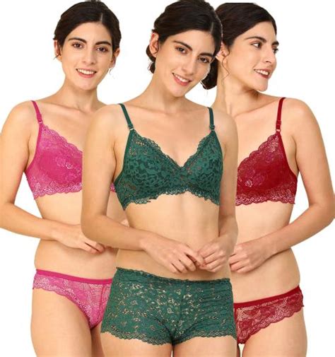 Buy In Curve Women Cotton Bra Panty Set For Lingerie Set Pack Of 3 Color Pink Green