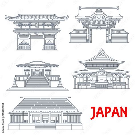 Japanese travel landmarks of Tokyo. Vector thin line buildings of Buddhism religion Temples ...