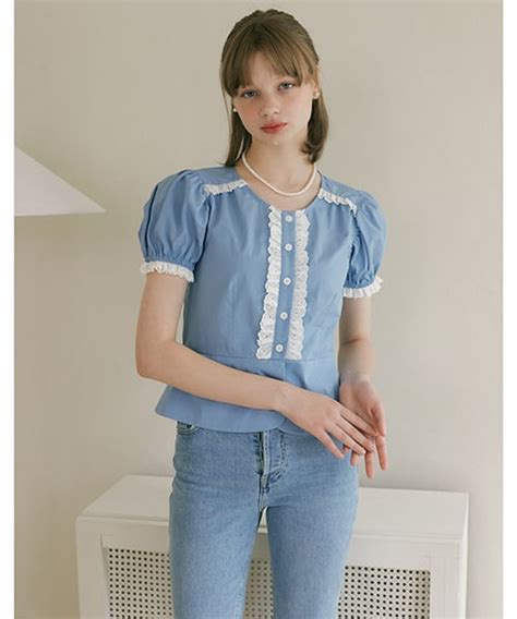 MUSINSA MORE THAN LIKE BUTTON LACE BLOUSE SKYBLUE