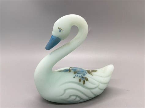 Vintage Fenton Blue Satin Glass Swan Hand Floral Design Artist Etsy