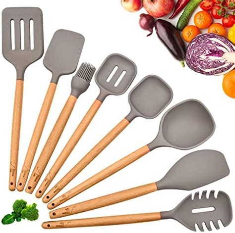 Miusco Non Stick Cooking Utensils Silicone Kitchen Utensils Set With Natural Acacia Hard Wood