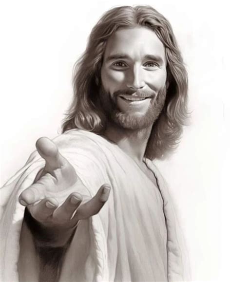 A Drawing Of Jesus Pointing To The Right With His Hand In Front Of Him And Smiling