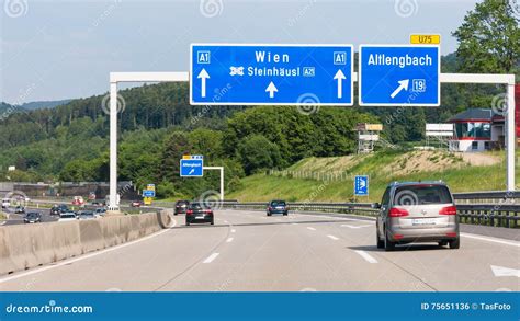 Autobahn A22 With Traffic And Road Signs, Vienna, Austria Editorial ...