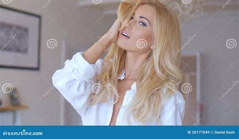 Sensual Woman In White Touching Her Hair Stock Image Image Of