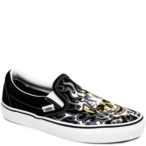 T Nis Slip On Flame Skull Vans Vn Q Bmx Preto Caveira Sapato Show