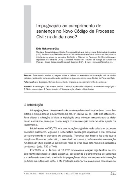 Pdf Impugnação Ao Cumprimento De Sentença No Novo Código De Processo