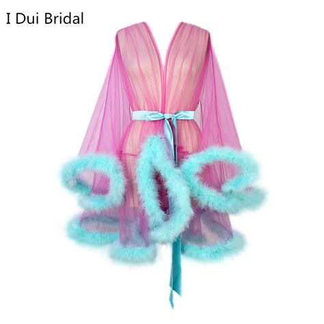 Short Marabou Women Feather Robe Boudoir Sheer Tulle Illusion Birthday Lingerie Set