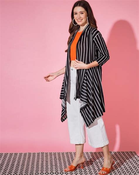 BuyNewTrend Black Lycra Striped Longline Women Shrug JioMart