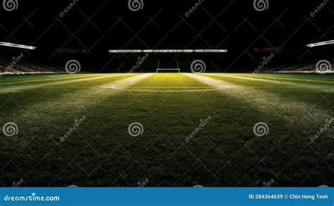 Empty Soccer Stadium At Night With Lights And Grass Stock Illustration