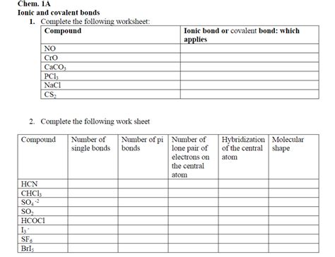 Ionic And Covalent Bonds Worksheet Summaries Chemistry Docsity