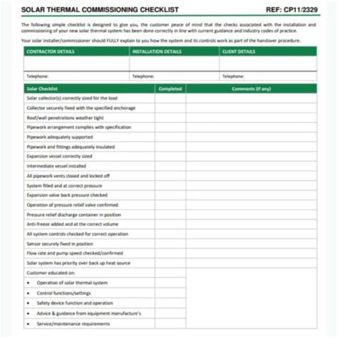 Solar Thermal Commissioning Certificate Checklist Cp For Servicem