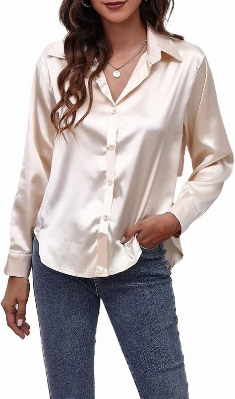 Kristin Fox Womens Satin Silk Button Down Shirts Long Sleeve Office Slim Fit Blouses Casual