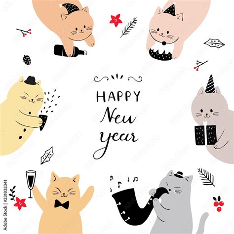 Cartoon Cute Cat Happy New Year Vector Stock Vector Adobe Stock