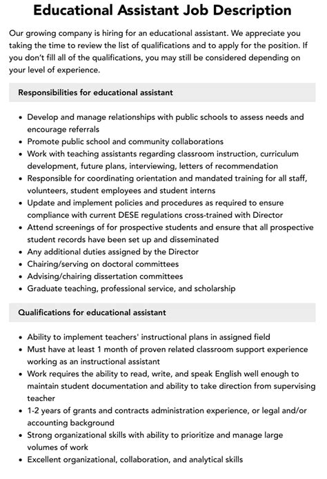 Educational Assistant Job Description | Velvet Jobs