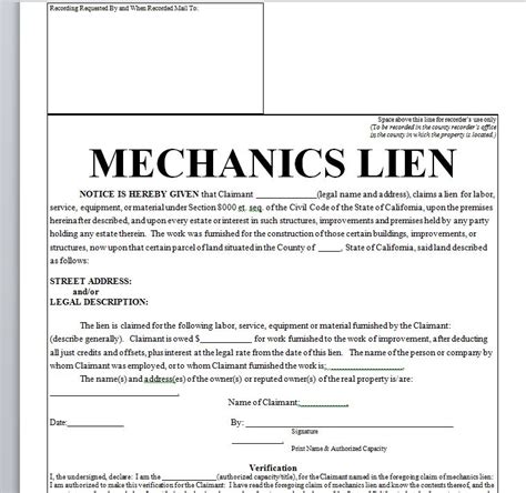 Mechanics Lien Printable Contract In Doc Word Sample Contracts