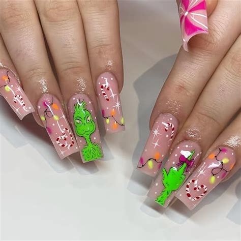 Christmas Press On Nails Long Square Fake Nails Cute Green Monster