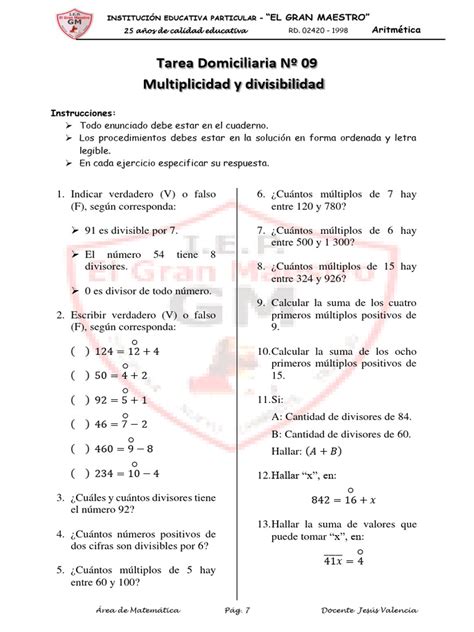 Tema 09 Trabajo 1ro Aritmética Multiplicidad Y Divisibilidad Descargar Gratis Pdf