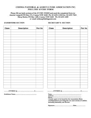 Fillable Online Poultry Entry Form Cooma Show Fax Email Print Pdffiller