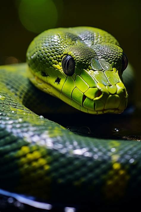 A Green Snake With Black Spots On It S Face And Head Sitting On Top Of