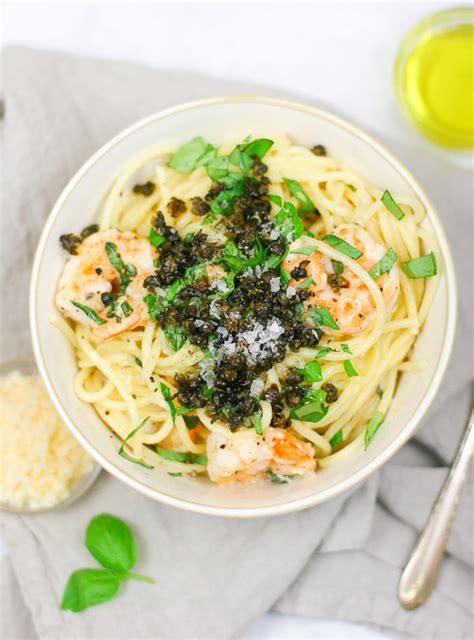 Lemon Parmesan Spaghetti with Fried Capers and Shrimp - Happily From ...