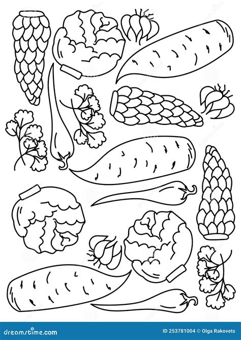 Outline Doodle Set of Vegetables, Coloring Page for Kids Activity Stock ...