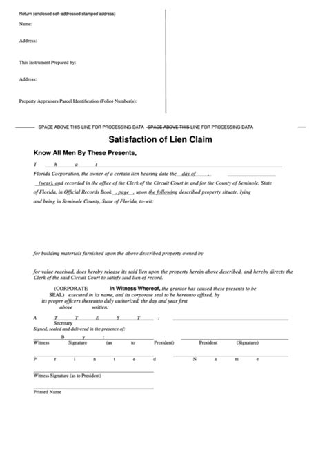 Fillable Satisfaction Of Lien Claim Printable Pdf Download