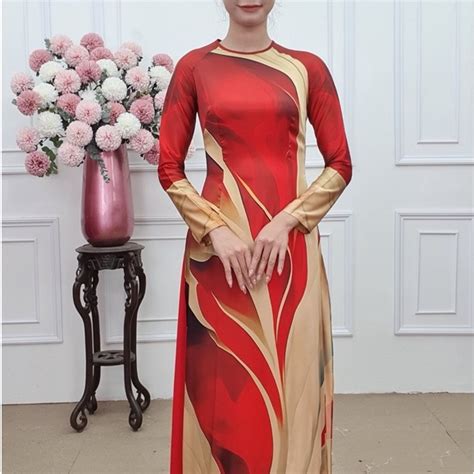 A2158 áo dài lụa pháp khít dài nền nude pha đỏ loang sóng KHÔNG GỒM