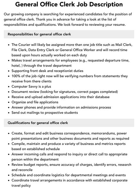 General Office Clerk Job Description Velvet Jobs