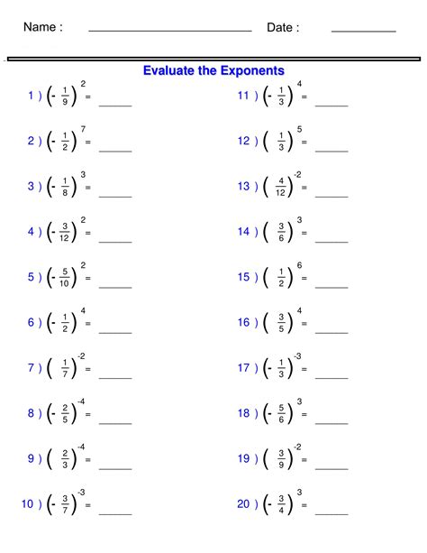 Simplifying Expressions With Negative Exponents Worksheet With