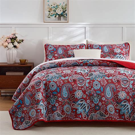 Red Paisley Quilt Set Queen Full Size Boho Bedspread Set Pieces Wave