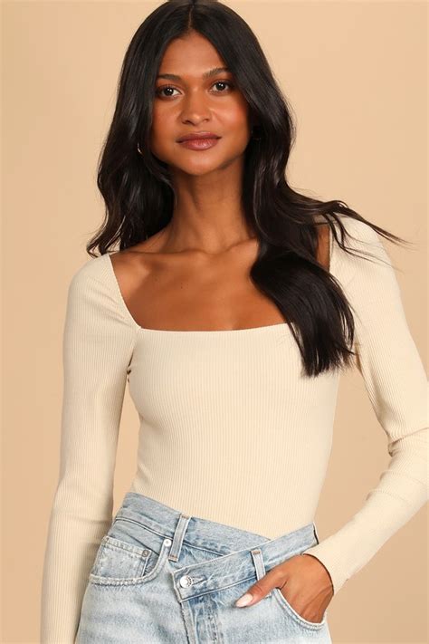 Cream Bodysuit Ribbed Long Sleeve Bodysuit Square Neck Top Lulus