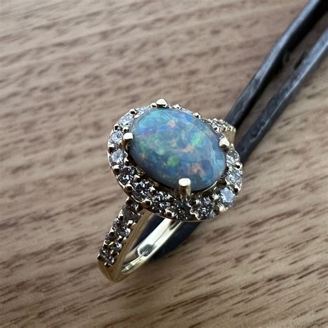 18K Yellow Gold Solid Semi Black Opal Diamond Ring 26409 Australian