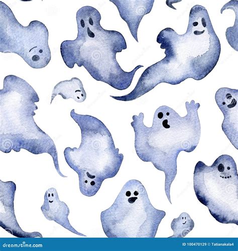 Seamless Watercolor Pattern Of Halloween Ghosts Watercolor