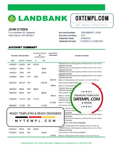 Philippines Land Bank Of The Philippines Bank Statement Easy To Fill Template In Excel And Pdf