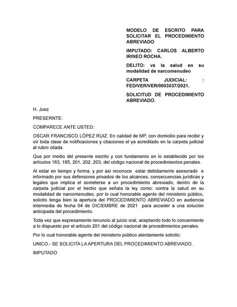 Modelo De Escrito Para Solicitar El Procedimiento Abreviado Modelo De