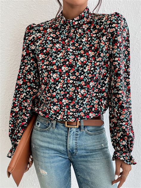 Shein Frenchy Ditsy Floral Print Flounce Sleeve Blouse Shein Uk