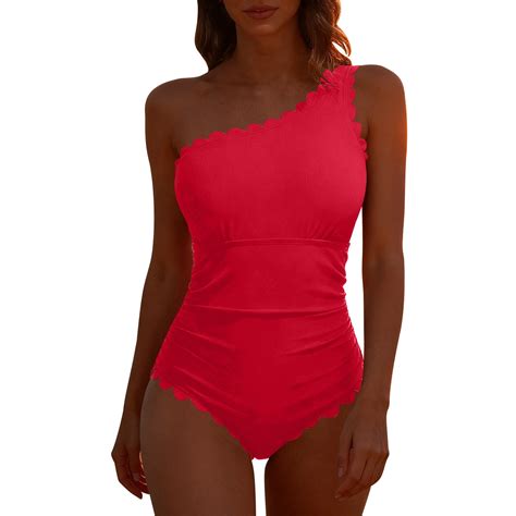 FRSASU One Shoulder One Piece Swimsuit Women Ribbed Scalloped Bathing