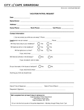 Fillable Online Vacation Patrol Request Form Fax Email Print